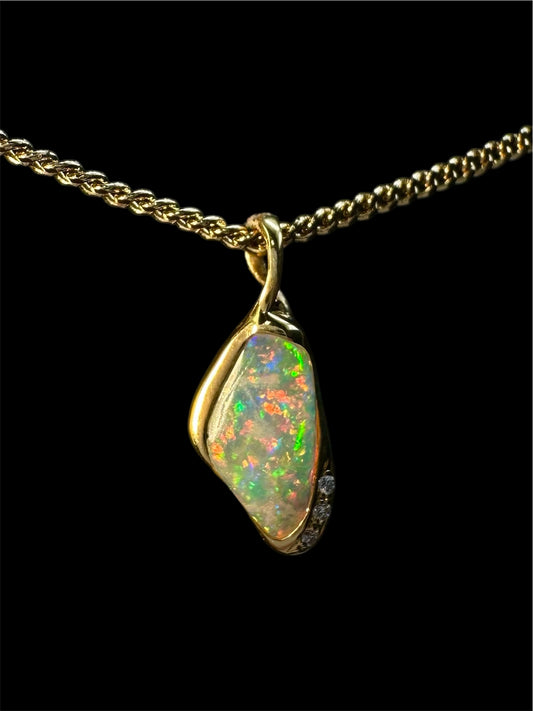 18ct Gold Solid Opal Pendant with Diamonds