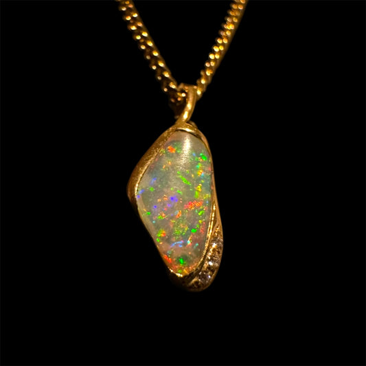 18ct Gold Solid Opal Pendant with Diamonds